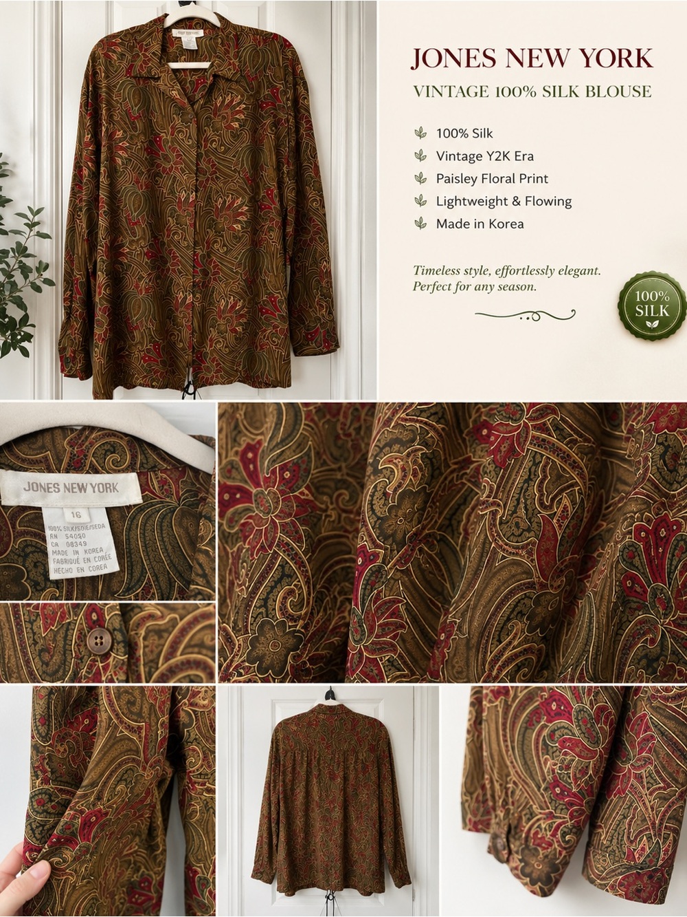 Jones New York Olive Brown Paisley Silk Blouse with Red Accents. Quiet Luxury!